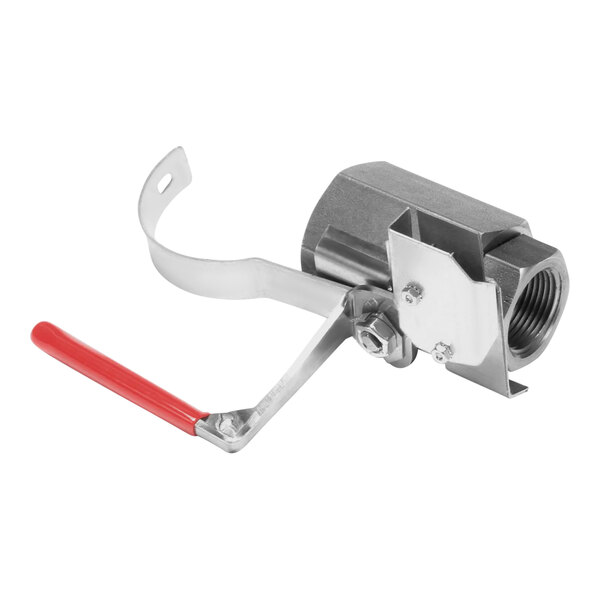 A Frymaster valve assembly with a red handle.