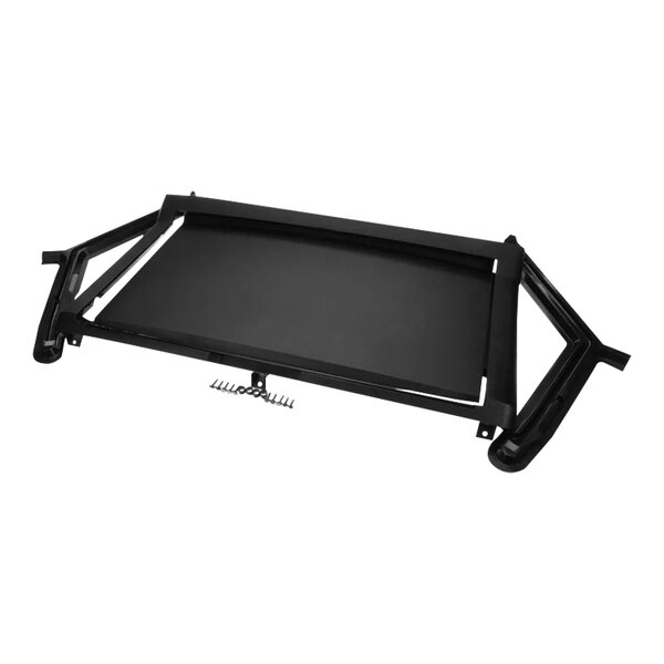 A black rectangular door frame and door assembly with a metal frame.
