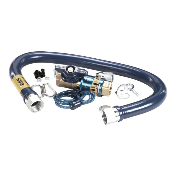 A blue Henny Penny gas supply hose with a couple of connectors and a restraining cable.