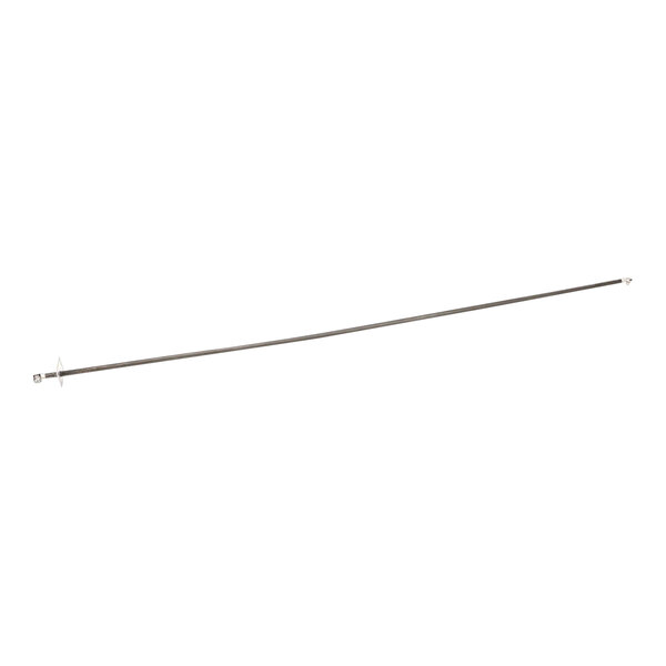 A long thin metal rod with a hook on the end on a white background.
