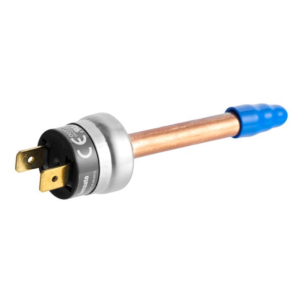 A Manitowoc Ice 000013531 pressure switch with a copper tube and blue cap.