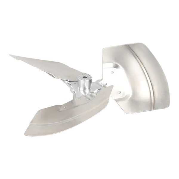 A close-up of a metal fan blade for a Manitowoc Ice machine.