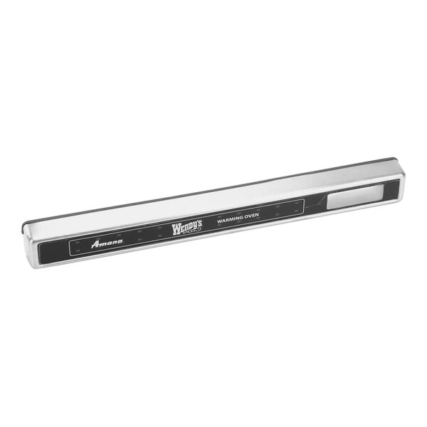 A white rectangular touch panel assembly with black text on a metal bar.