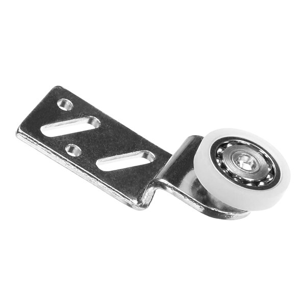 A metal and white wheel on a metal roller.