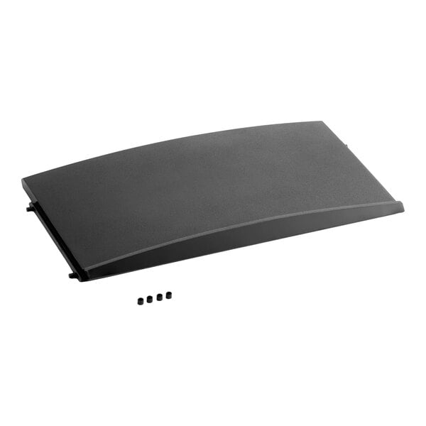 A black, rectangular, slightly curved panel with four small cylindrical components placed in front of it, all set against a white background.