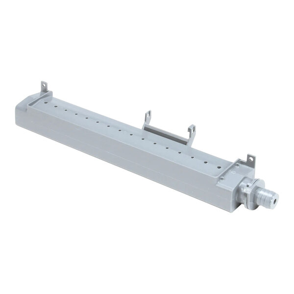 A white metal Manitowoc Ice distribution tube assembly with grey metal and white rectangular components with holes.