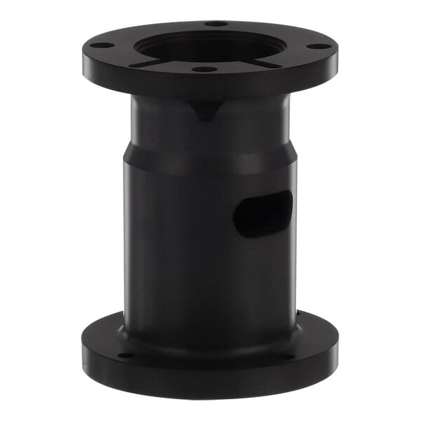 A black circular cylinder with a hole in it.