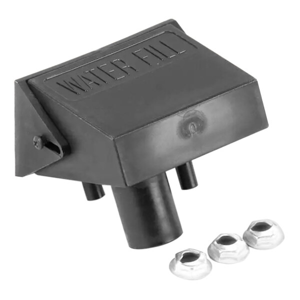 A black plastic container with two metal objects inside and nozzles on top.