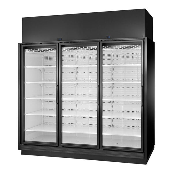 A black True glass door merchandiser freezer with LED lighting and three open doors.