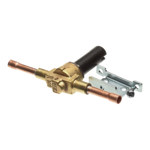 A close-up of a Manitowoc Ice hot gas valve with a brass hose attachment.