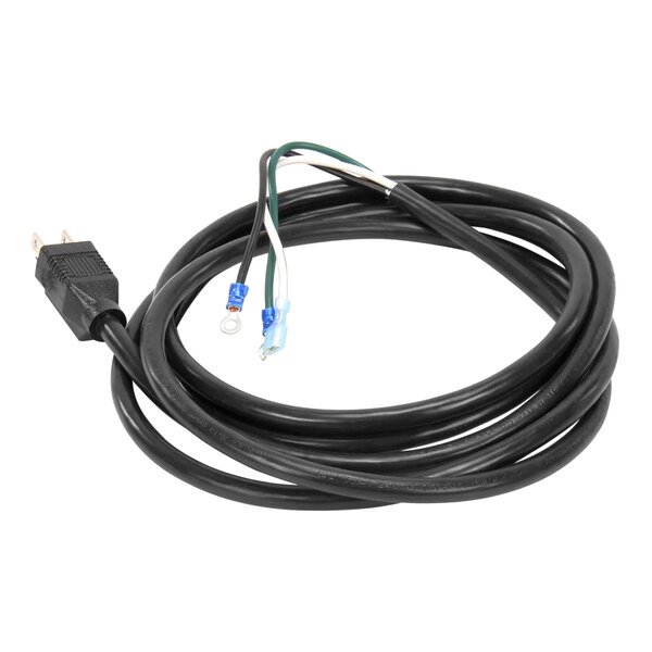 A close-up of a black Metro power cord with two wires and a plug.