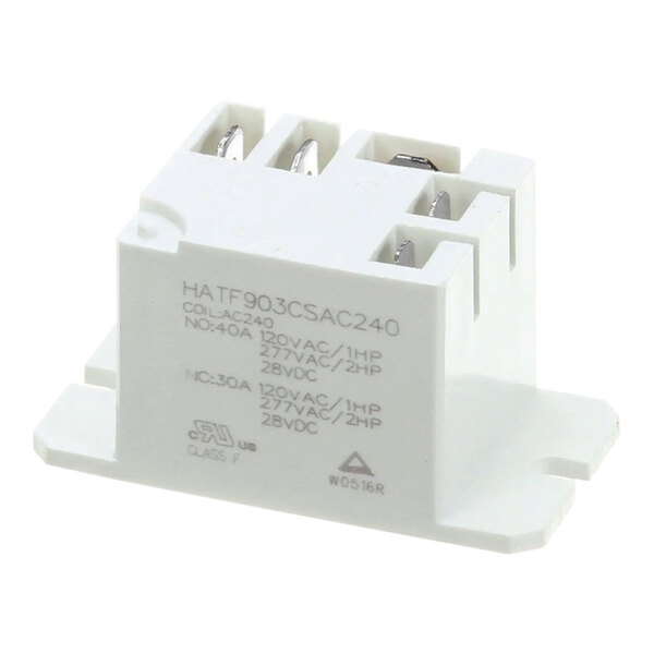 A white Hatco relay with metal terminals and black text reading "02.01.105.00"