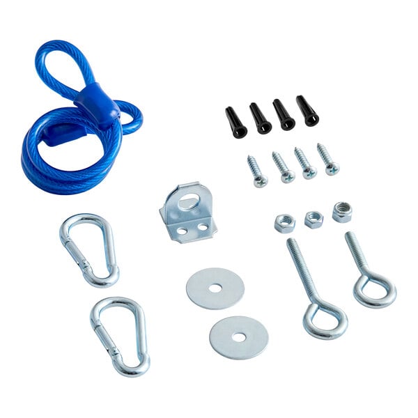 A Henny Penny 03156 tether kit and restraining device with a blue cable, metal hooks, screws, washers, nuts, and mounting hardware.