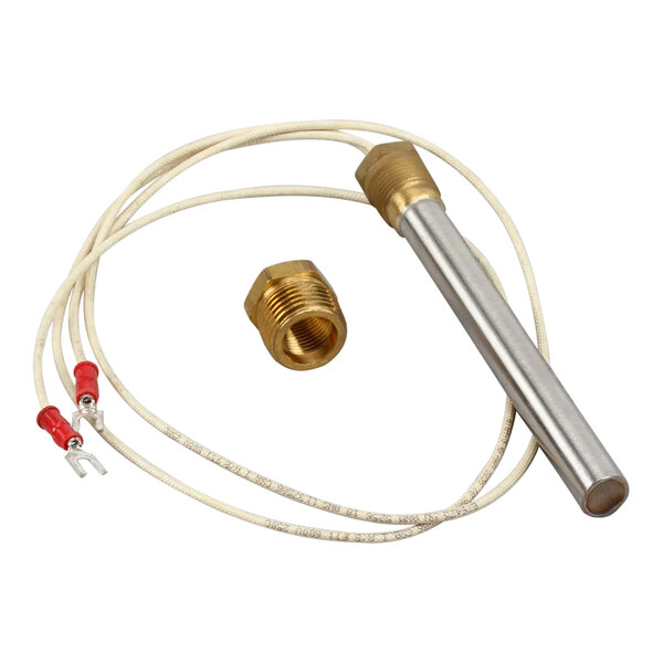 A metal rod with a copper wire and brass connector on a red and white cable.