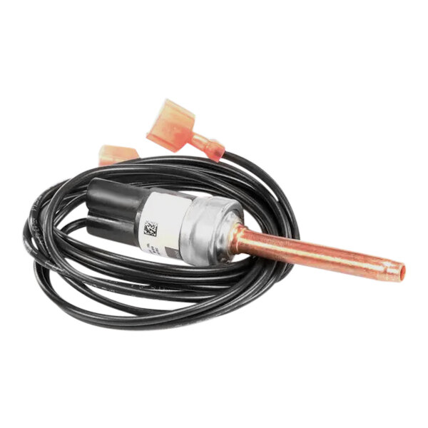 A black and orange wire with a red connector attached to a black and white tube on a Manitowoc Ice Swich Pressure.