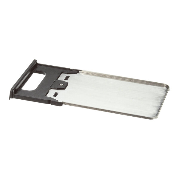 A metal tray with a black handle for a Hatco Tpt3 toaster.