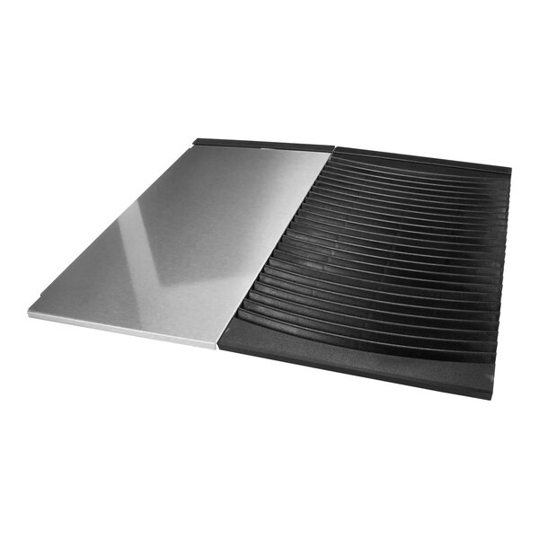 A black and silver aluminum side panel assembly for a Manitowoc ice machine bin.