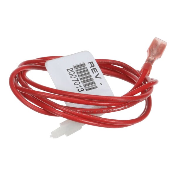 A red cable with a white tag on it.