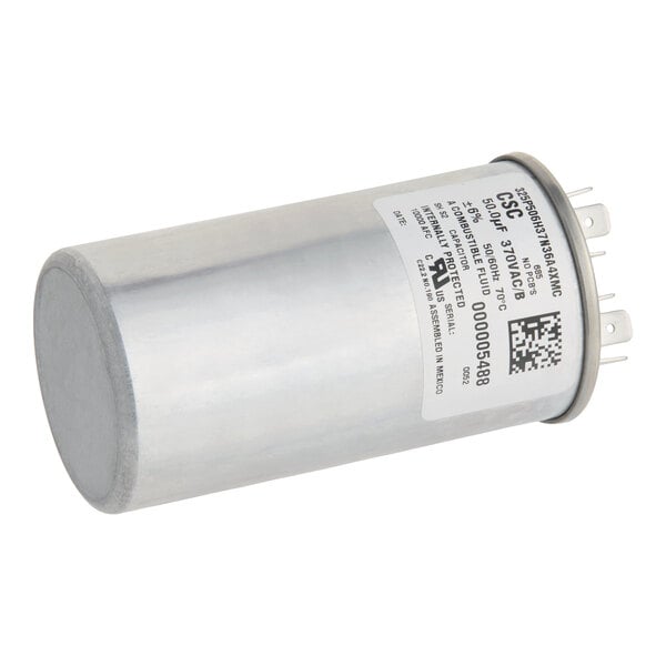 A cylindrical Manitowoc Ice 000005488 run capacitor with a metal body and labeled specifications.