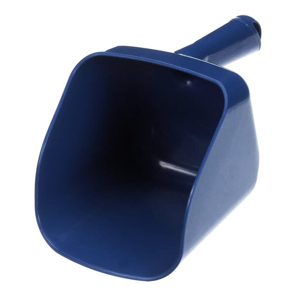 A blue plastic Manitowoc Ice scoop with a handle.