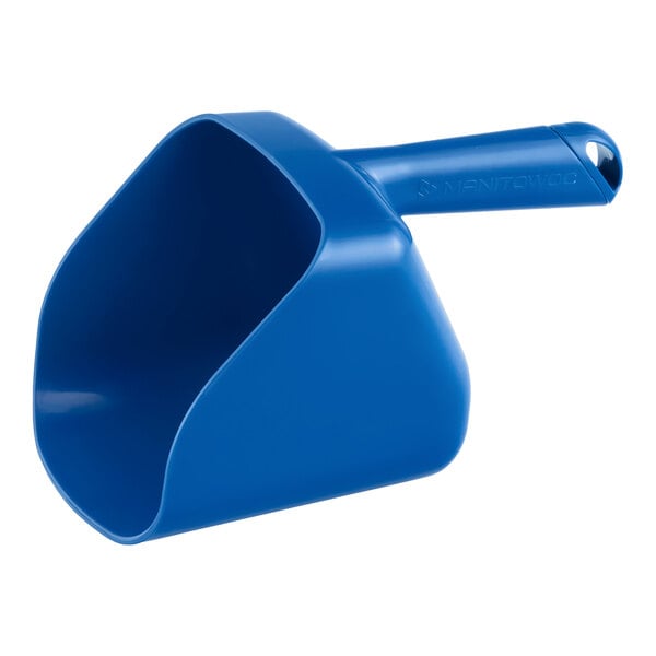 A blue plastic ice scoop with a wide, deep scoop and a handle.