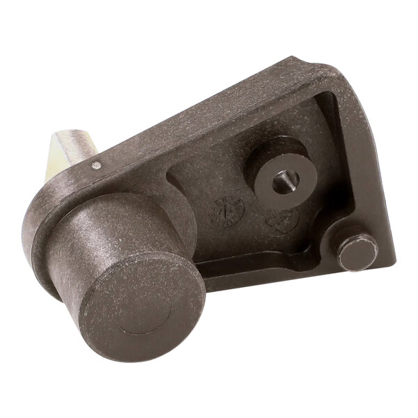 A black metal Manitowoc Ice door hinge assembly with a round metal piece.