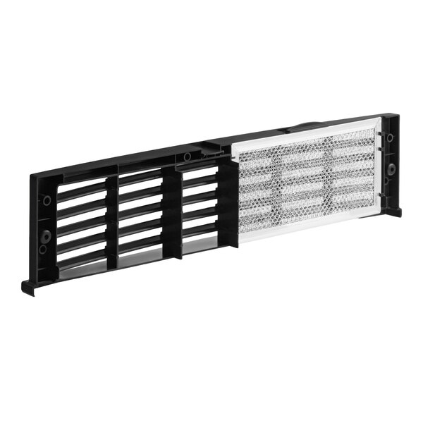 A rectangular black plastic panel with horizontal slats on one side and a metallic mesh section on the other side.