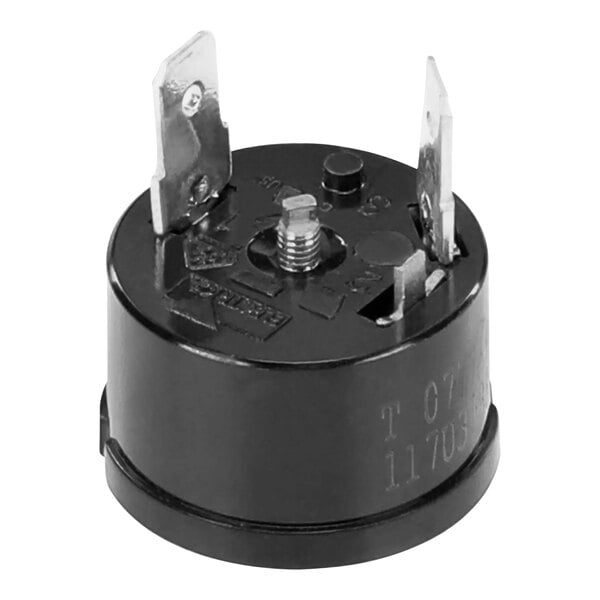 A black round Manitowoc Ice motor protector with metal parts.