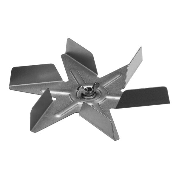 A silver metal Hatco fan blade with a screw.