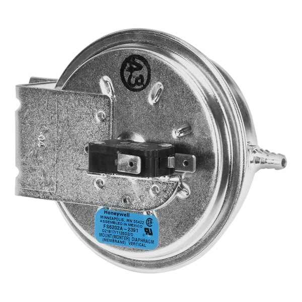 A metal pressure switch with a blue button.