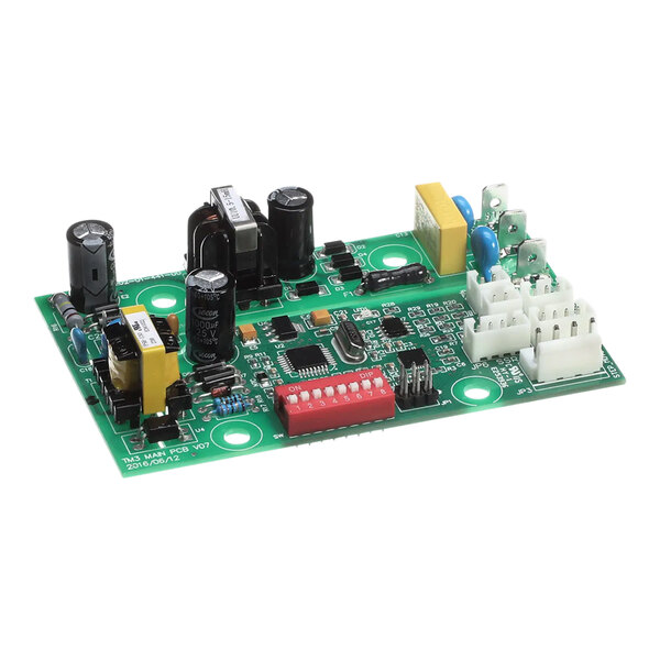 A green Hatco Main PCB board with many components.