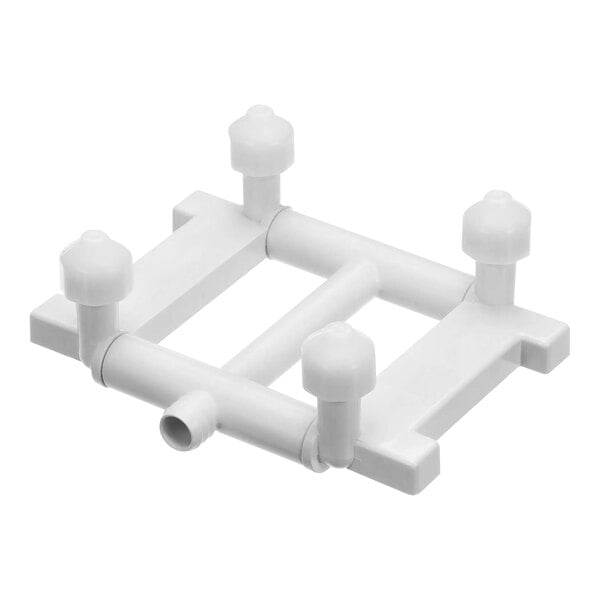 A white plastic Manitowoc Ice spray bar assembly with three holes.