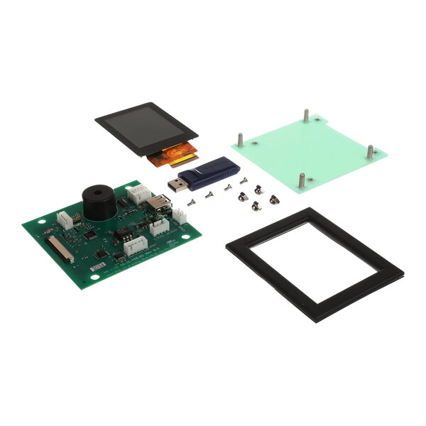 A green circuit board with black and metal components.