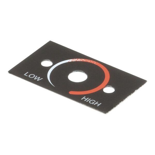 A black rectangular label with white text and a red circle with the words "Low/High Temp" on it.