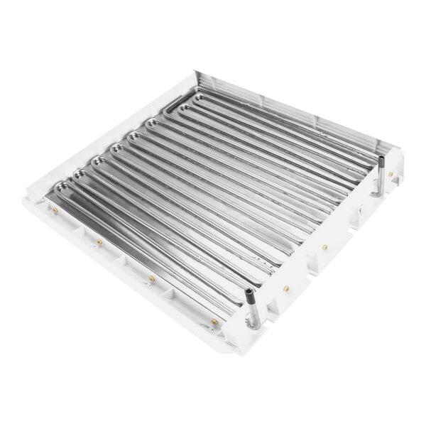 A white rectangular evaporator assembly with metal tubes on the bottom.