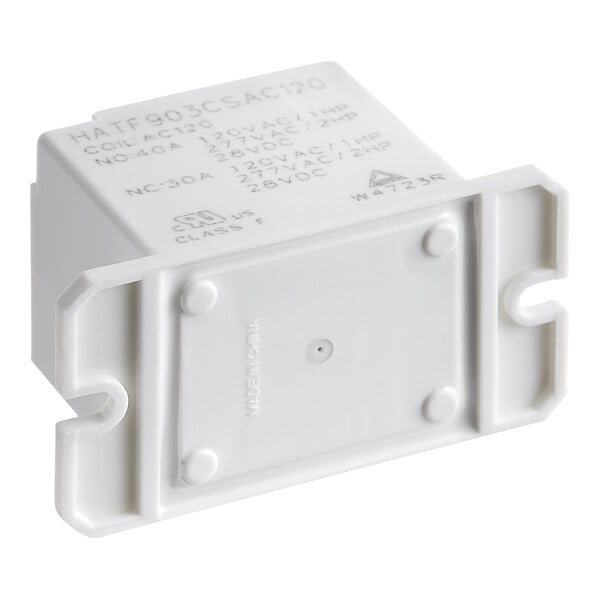 A white electrical device with text reading "Hatco 02.01.403.00 Rel, Mini, 120Vac, Spdt, 30Res"
