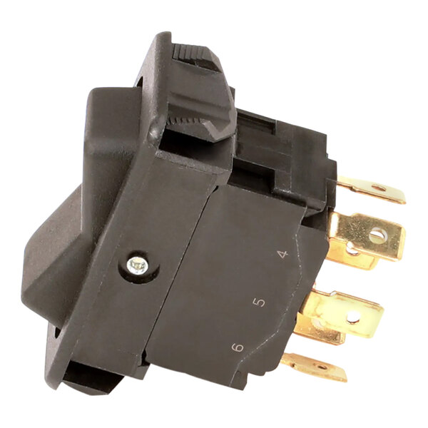 A close-up of a black Hatco DPDT switch with gold and silver metal.