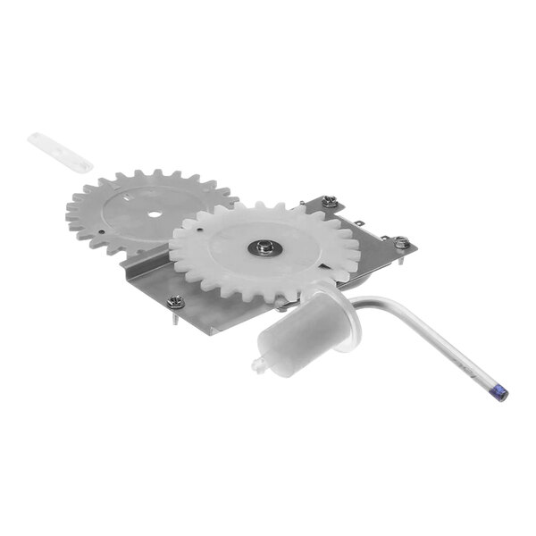 A white gear mechanism with a blue tipped metal object.