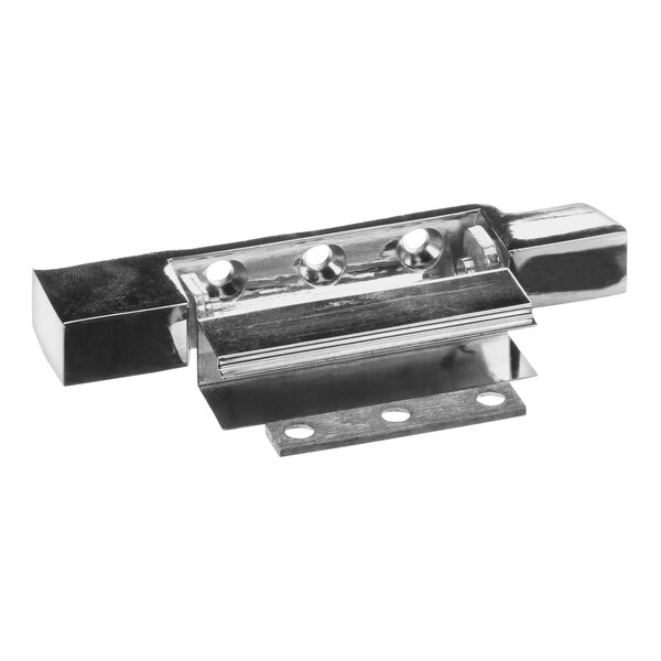 A stainless steel Hatco hinge with screws.