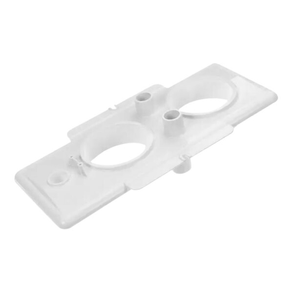 A white plastic Manitowoc Ice pump mount bracket with holes.