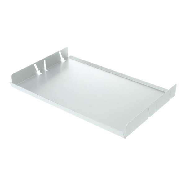 A white metal rectangular shelf with holes.