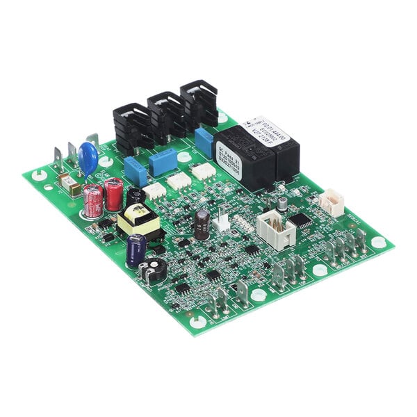 A green circuit board with various components.