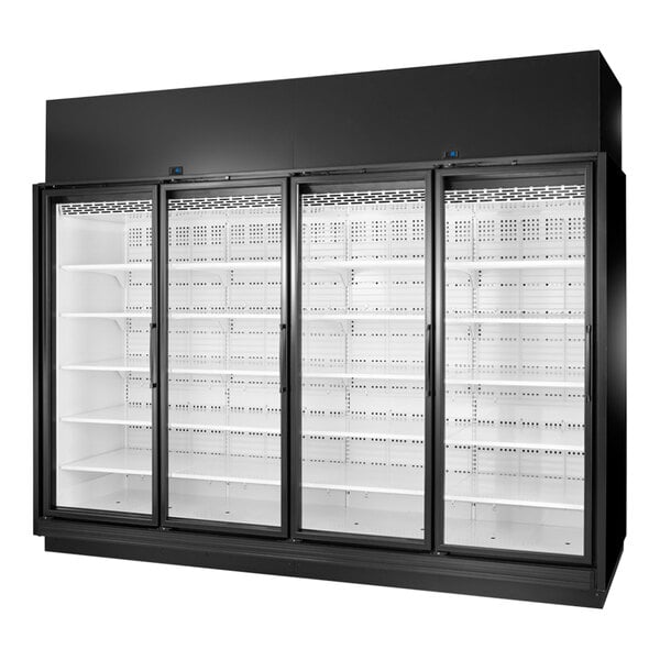 A black True glass door merchandiser freezer with three shelves.