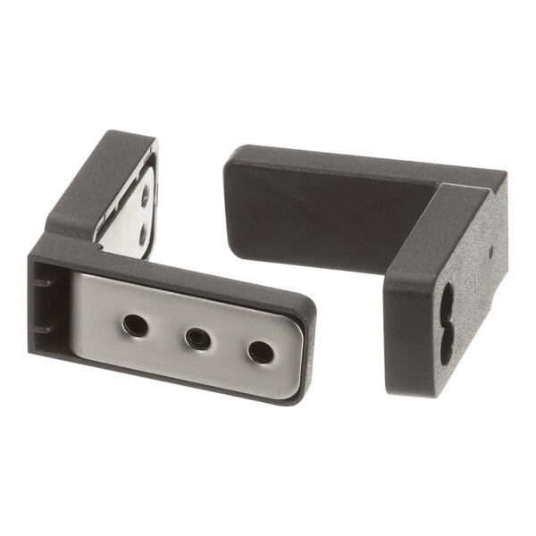 Two black plastic brackets with metal hinges and corners.