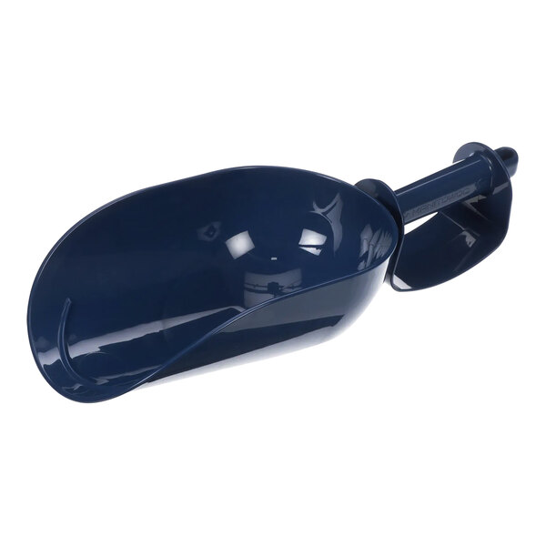 A blue plastic scoop with a handle.