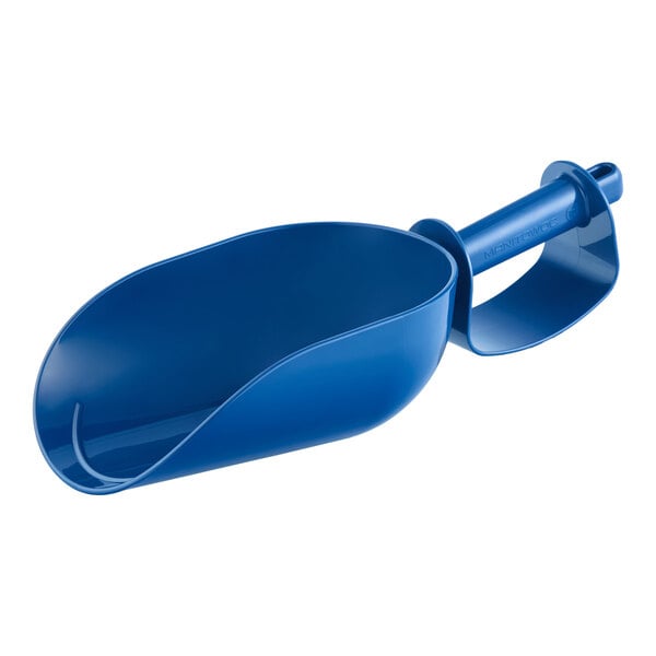 A blue plastic ice scoop with a knuckle bow handle.
