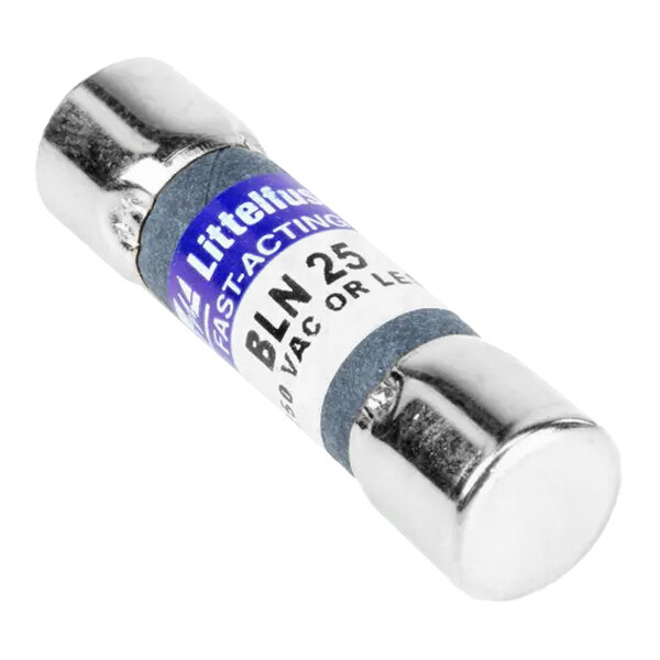 A close-up of a small silver metal fuse with a blue and white label.