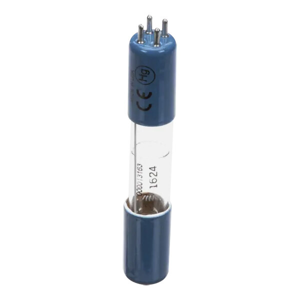 A blue tube with a metal cap on top.