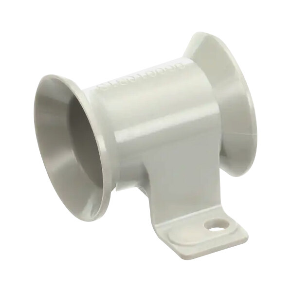 A white plastic horn with a hole on the end of a white plastic pipe.