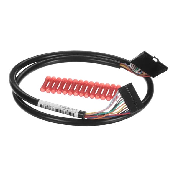 A black cable with red and white wires attached to red plastic tubes.